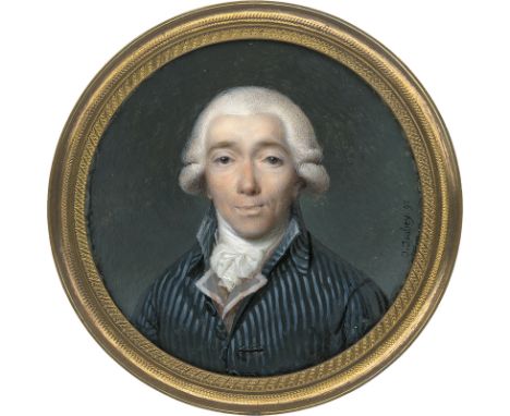 Isabey, Jean-Baptiste -- Miniatur Portrait eines Mannes mit weiß gepuderter Perücke, in gestreifter blauer pékin Seidenjacke,