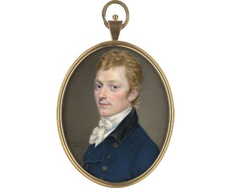 Smart junior, John -- Miniatur Portrait des George Rundle mit kurzem blonden Haar, in blauer Jacke mit schwarzem Samtkragen u