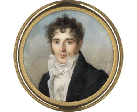 Henry -- Miniatur Portrait eines jungen Mannes mit braunem Lockenhaar und Koteletten, in schwarzer Jacke, weißer Weste, Hemd 