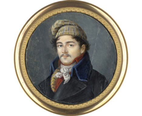 Französisch -- um 1820. Miniatur Portrait eines schwarzhaarigen Zipfelmützenmannes mit Schnurrbart, in rotem Hemd mit weißer,