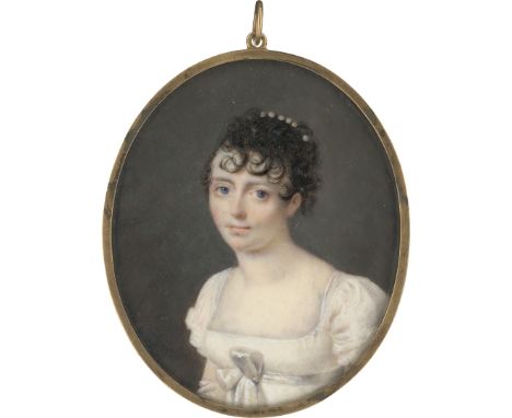 Jacques, Nicolas -- Miniatur Portrait der Catherine Charlotte Xavier Daru mit Perlendiadem im gelockten schwarzen Haar, in we