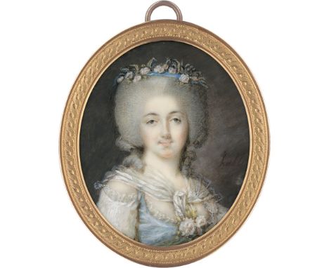 Hénard, Charles -- Miniatur Portrait einer jungen Frau mit Rosen und blauem Seidenband im gepuderten Haar, in hellblauem Seid