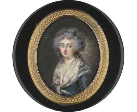 Heinsius, Johann Julius - Umkreis -- Umkreis. Miniatur Portrait einer jungen Frau mit blauer Schleife im grau gepuderten Haar