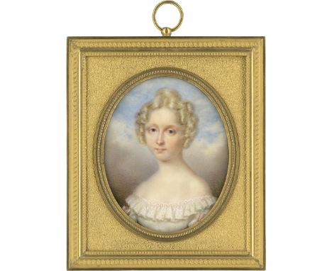 Französisch -- um 1820/1825. Miniatur Portrait einer blonden jungen Frau in schulterfreiem, weißem Kleid mit Rüschenbesatz, u