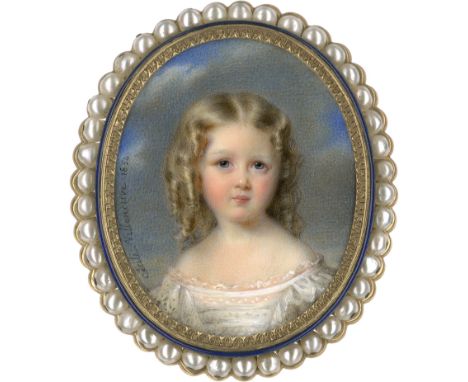 Villeneuve (geb. Colombet), Cécile -- Miniatur Portrait eines kleinen Mädchens mit blonden Locken, in schulterfreiem weißen K