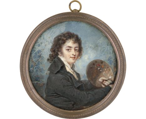 Heinsius, Johann Julius -- Miniatur Portrait eines Malers mit Palette in der linken Hand, in grauer Jacke, gelber Weste und o