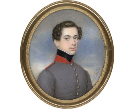 Fest, Wilhelm -- Miniatur Portrait eines jungen Offiziers mit dunkelbraunen Locken, in grauer Uniform mit rotem Kragen und sc