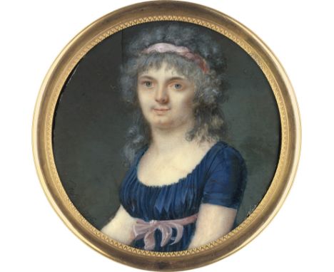 Fontallard (eigentlich Gérard), Jean-François -- Miniatur Portrait einer jungen Frau mit rosa Schleife in der grau gepuderten