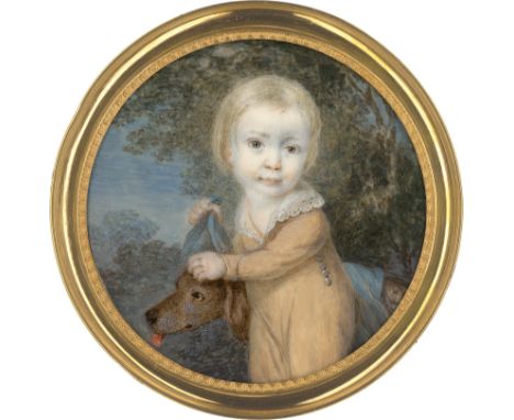 Französisch -- um 1820. Miniatur Portrait eines kleinen blonden Jungen genannt Baron de Flaghac, in beigem Kostüm mit weißem 