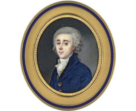 Sicardi, Louis Marie -- Miniatur Portrait eines jungen Mannes mit grau gepuderter Perücke, in dunkelblauer Jacke mit gelber W