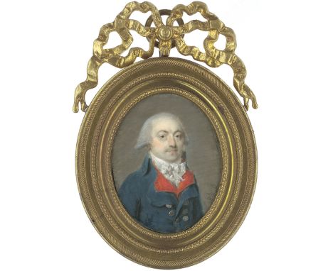 Bornet, Claude -- Miniatur Portrait eines Mannes mit gepuderter Perücke, in blauer Jacke und roter Weste mit geknoteter weiße