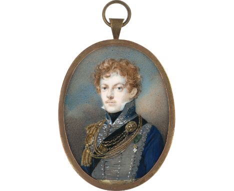 Daffinger, Moritz Michael -- Miniatur Portrait eines jungen Offiziers mit rotblonden Locken und Schnurbart, in reich silberve