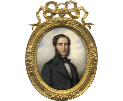 Villeneuve (geb. Colombet), Cécile -- Miniatur Portrait eines jungen Mannes mit gewelltem, schwarzem Haar und buschigem Backe