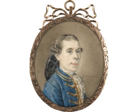 Bruyninx, Daniel -- Miniatur Portrait eines jungen Mannes mit dunkler Perücke, in goldbestickter blauer Jacke mit weißem Spit