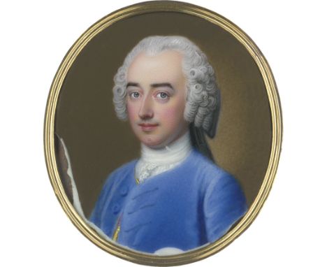 Rouquet, Jean André -- Miniatur Portrait eines jungen Mannes mit gepuderter Perücke, in blauer Jacke über gelber Weste mit we