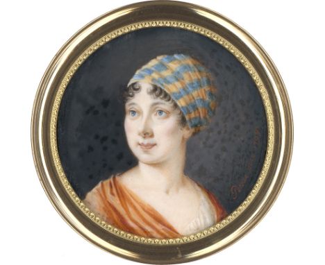 Peroux, Joseph Nicolaus -- Miniatur Portrait einer zur Seite blickenden jungen Frau mit gelb-blau gestreiftem Turban in der k