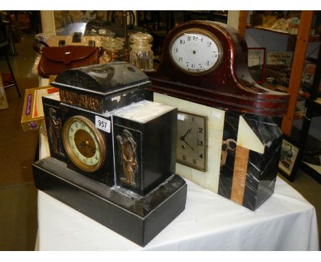 Two slate clocks and a wooden clock, COLLECT ONLY.