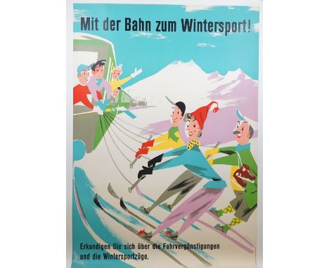 VINTAGE TOURISM  SKI POSTERS:  two colour lithographs on linen, 1940s -1950s.  'mit der Bahn Zum Wintersport', 1955, artwork 