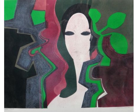 Andre Minaux French 1923-1987), Sandra au Feuillage, colour lithograph, signed, numbered 64/120, 54cm x 66cm.; together with 