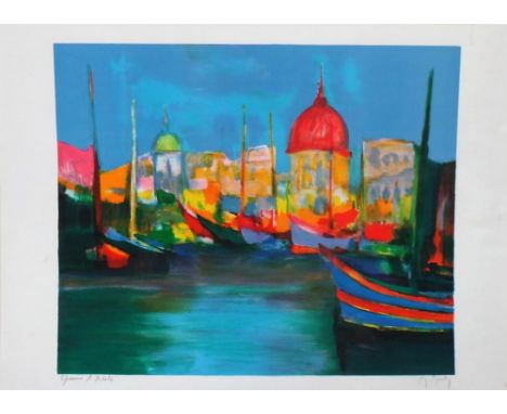 Marcel Mouly (French b.1918), Venice, colour lithograph, 47cm x 58cm.; together with two further works by the same hand.(3)