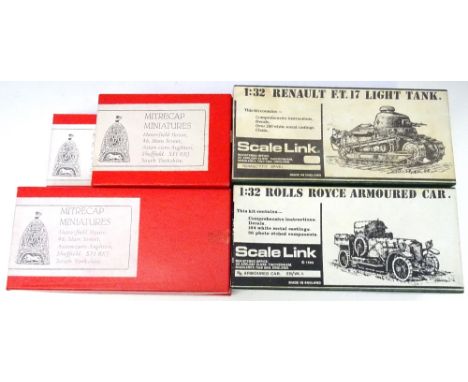 Model Kits and figures in 54mm scale Scale Link Rolls Royce Armoured Car and Renault FT17 Tank in original boxes, Mitrecap Mi