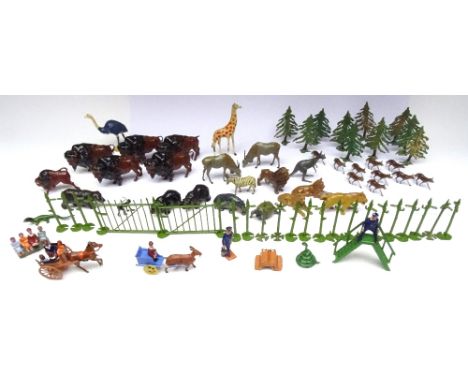 Britains and other Zoo Animals including ten 955 Wolves, five 935 Bison, nine T &amp; B seated Children and Pony Cart, two Ke