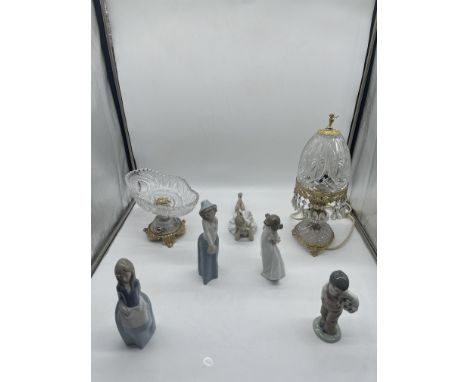 Assorted Lot to include Crystal Centrepiece, Crystal Lamp, and Five NAO Figurines. 