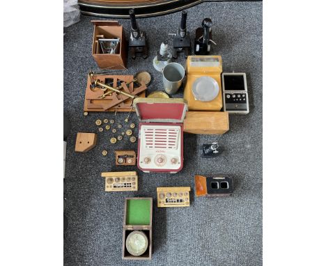 Assorted Lot to include Microscopes, Pharmacy Weighing Scales, Weights, ever Ready Sky Baby Radio, WW2 Bombsight Compass and 