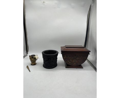 Antique Chinese Opium Water Pipe, Oriental Resin Pot, and Tea Caddy. 