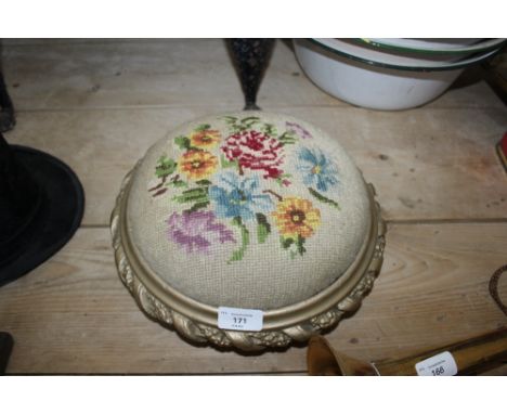 Victorian circular footstool with tapestry seat (overpainted)