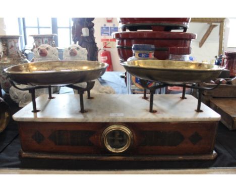19th Century inlaid wood and marble topped sweet shop scales, with brass pans