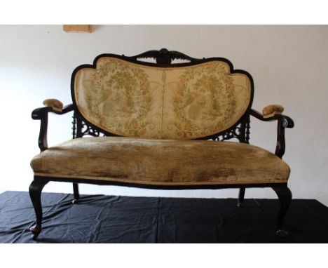 Edwardian mahogany two seat settee upholstered in old gold chenille, the back with machined tapestry of courting couples, 128