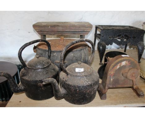 Vintage George Fowler Lee knife sharpener, two 19th Century tea kettles and a ditto lidded saucepan