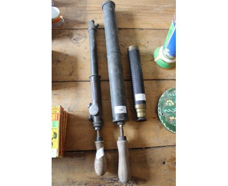 Vintage Abol hand sprayer, one other hand sprayer and a telescope