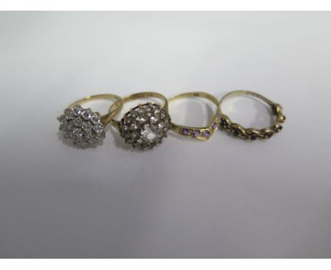 Four 9ct yellow gold rings sizes K/N/O, approx 7.7 grams 