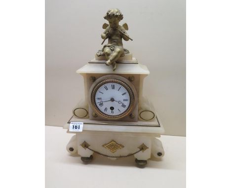 An onyx mantle clock, 37cm tall, no pendulum or key 