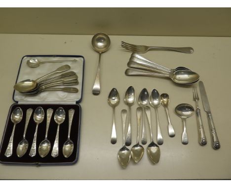 A collection of assorted silver flatware, a boxed set of 1937 spoons and a filled knife and fork, weighable silver approx 21.