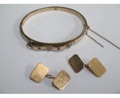 A hallmarked 9ct yellow gold hinged hollow bangle (dented chain broken) and a pair of 9ct cufflinks, total approx 11 grams 