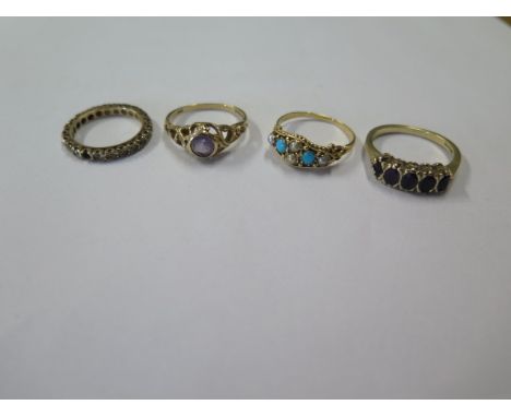 Two hallmarked 9ct yellow gold rings and two gilt metal rings - one stone missing to eternity ring, sizes K, M and O, total w