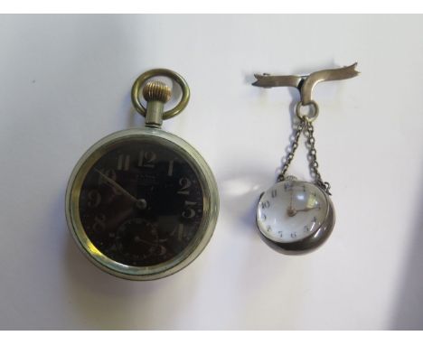 A small silver globe lapel watch- not running and a military pocket watch BB3597 30 hour luminous dial, 50mm case, not runnin