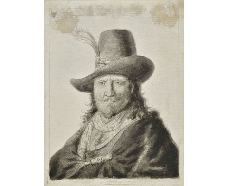 *Follower of Rembrandt (van Rijn, 1606-1669). Head of a man with plumed hat and cloak,  etching on laid paper, hand finished 