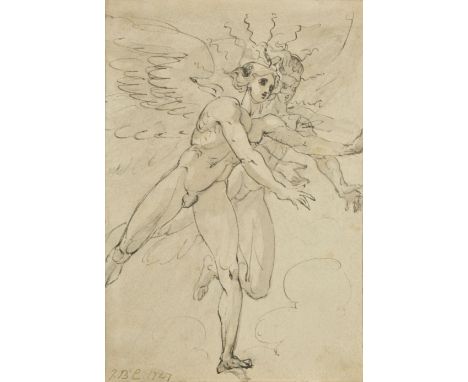 *English School. Two angels racing across the sky, early 19th century,  pen & brown ink with pale brown wash on paper waterma