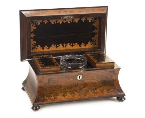 *Tea Caddy. An unusually large Regency rosewood tea caddy,  sarcophagus form with burr walnut shaped inlay, mother of pearl k