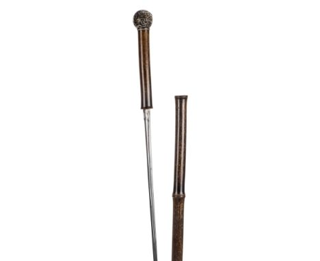 *Walking Stick. A 19th century sword stick,  with embossed white metal ball knop and bamboo shaft enclosing 77.5cm triangular