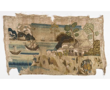 *Colonies. A rare primitive tapestry, early 18th century,  tent stitch on hessian, finely worked in silk in shades of brown, 
