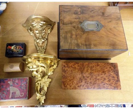 *Woodware. Mixed collection of woodware,  including a pair of Florentine gesso style wall brackets, 23cm long, a Victorian wa