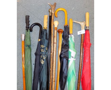 *Walking Sticks. Collection of walking sticks and umbrellas,   including a stick made from a yew wood longbow with rounded kn