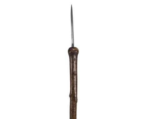 *Walking Stick. 19th century walking stick,  with natural shaft and knop concealing a square steel flick stick, the blade 14c