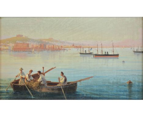 *La Pira (Gioacchino, active 1839-1870). Napoli, gouache on paper, depicting fishermen at their nets in a boat, with a panora