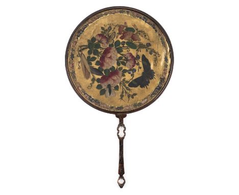 *Fire screen. A hand-held face screen, Chinese, early 20th century,  fabric screen of circular form with frame and handle of 